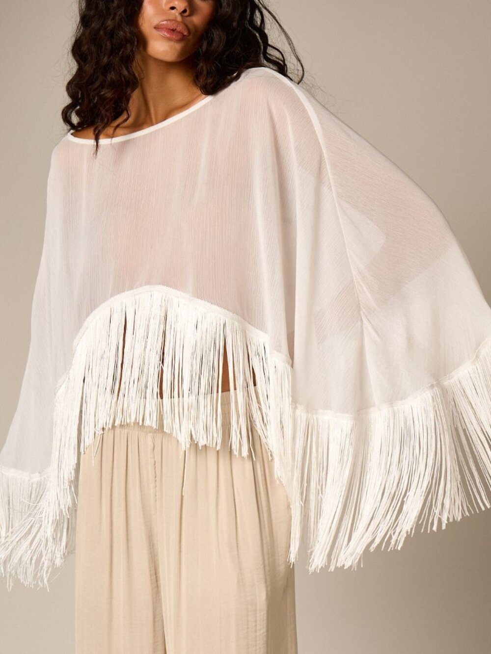 White Boho Women's Chiffon Sheer Flowing fringe Sleeve cape Poncho top